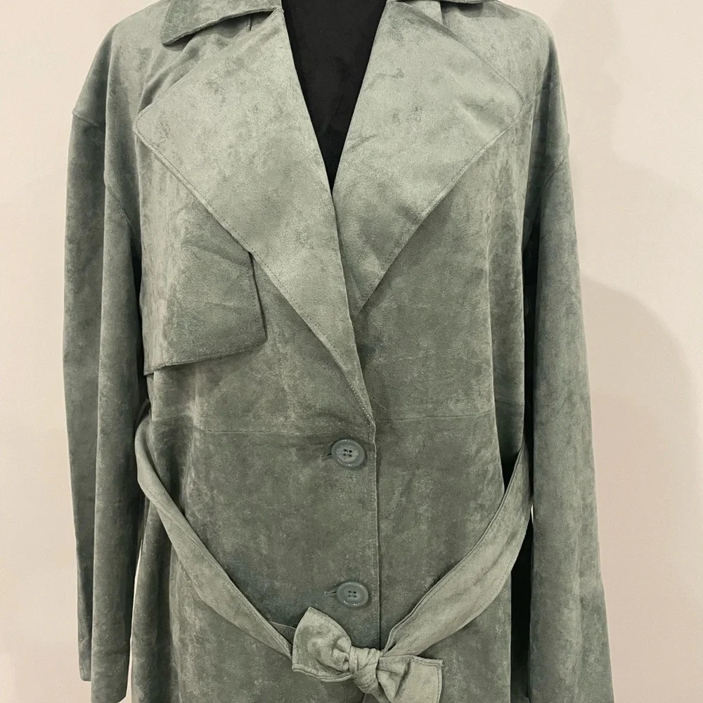 Anthropologie Blank NYC Green Faux Suede Plush Belted Trench Coat Jacket Sz XS - Picture 6 of 14